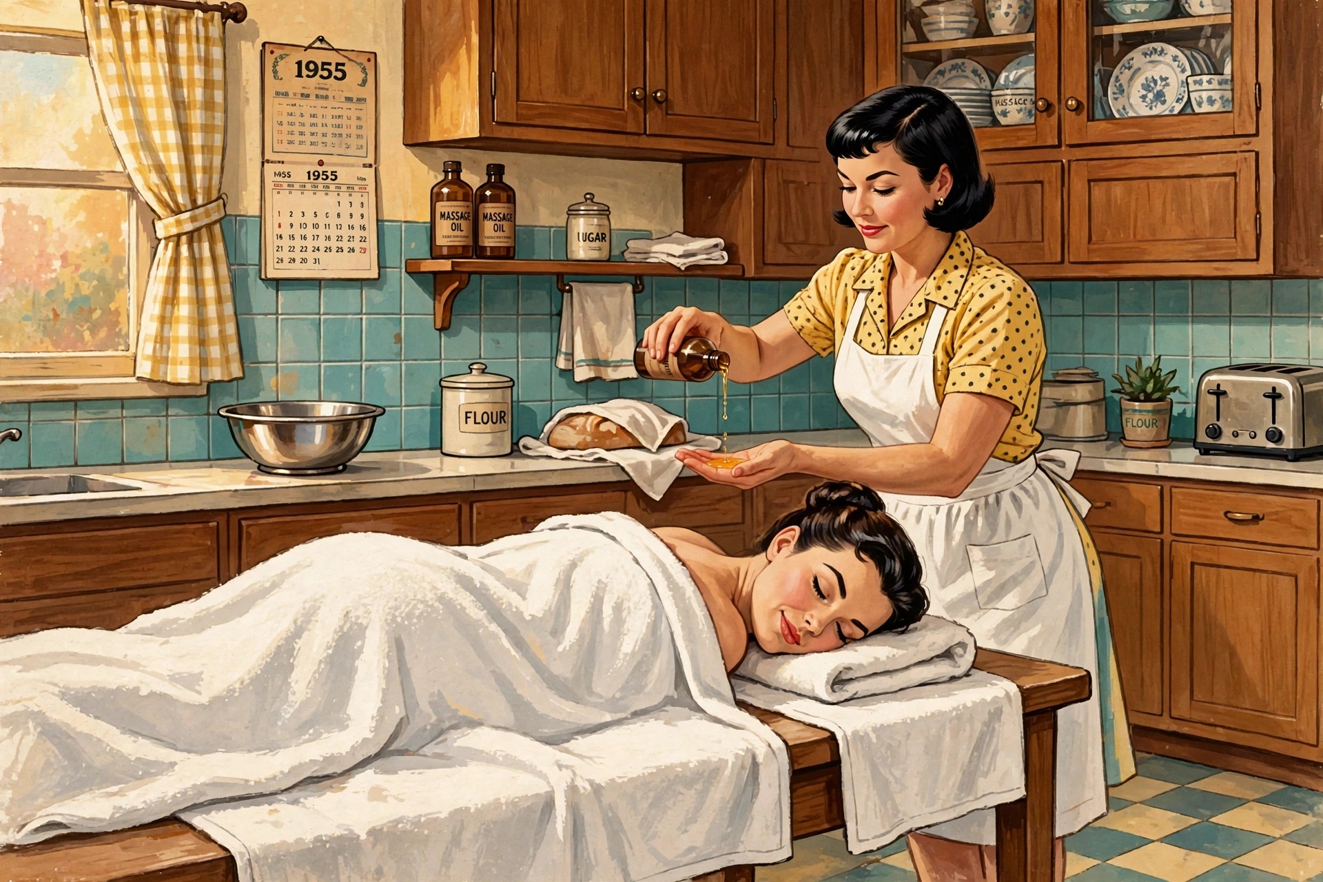 Massage Kitchen — a retro kitchen massage scene